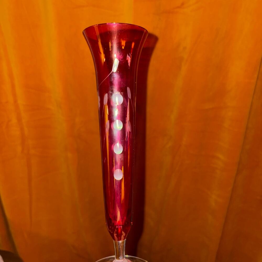 Vintage Ruby Red Art Glass Trumpet Vase Clear Pedestal 11”
